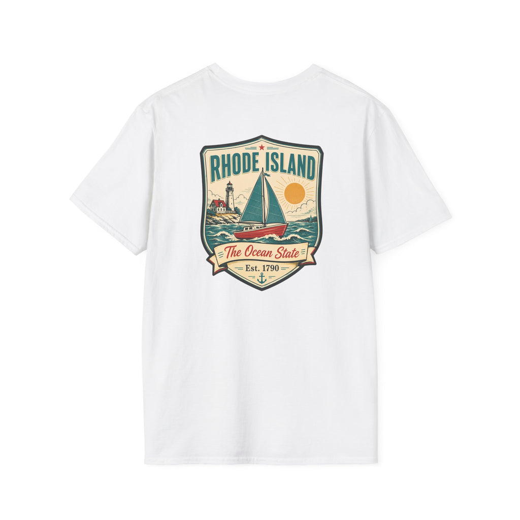 Sailboat graphic t-shirt, white, with Rhode Island emblem front print