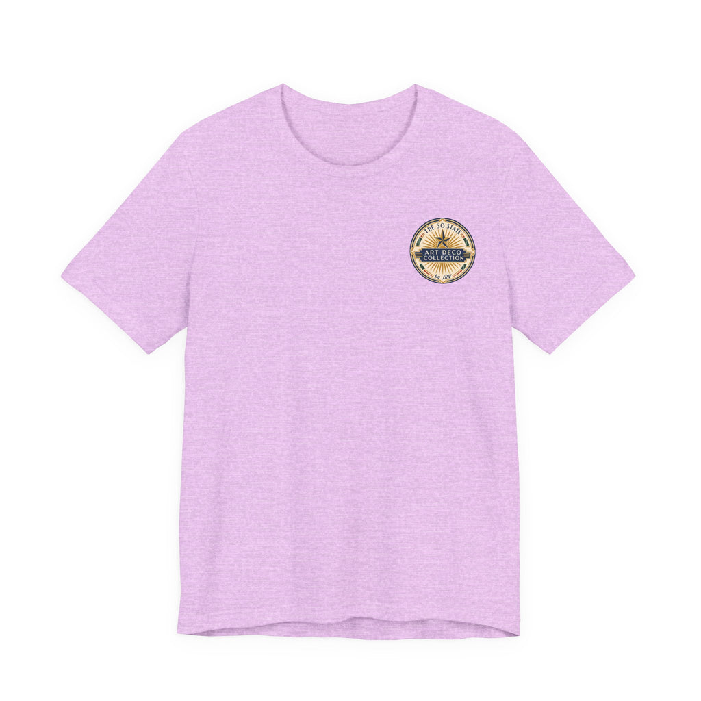 Lavender short-sleeve T-shirt with small round chest logo patch