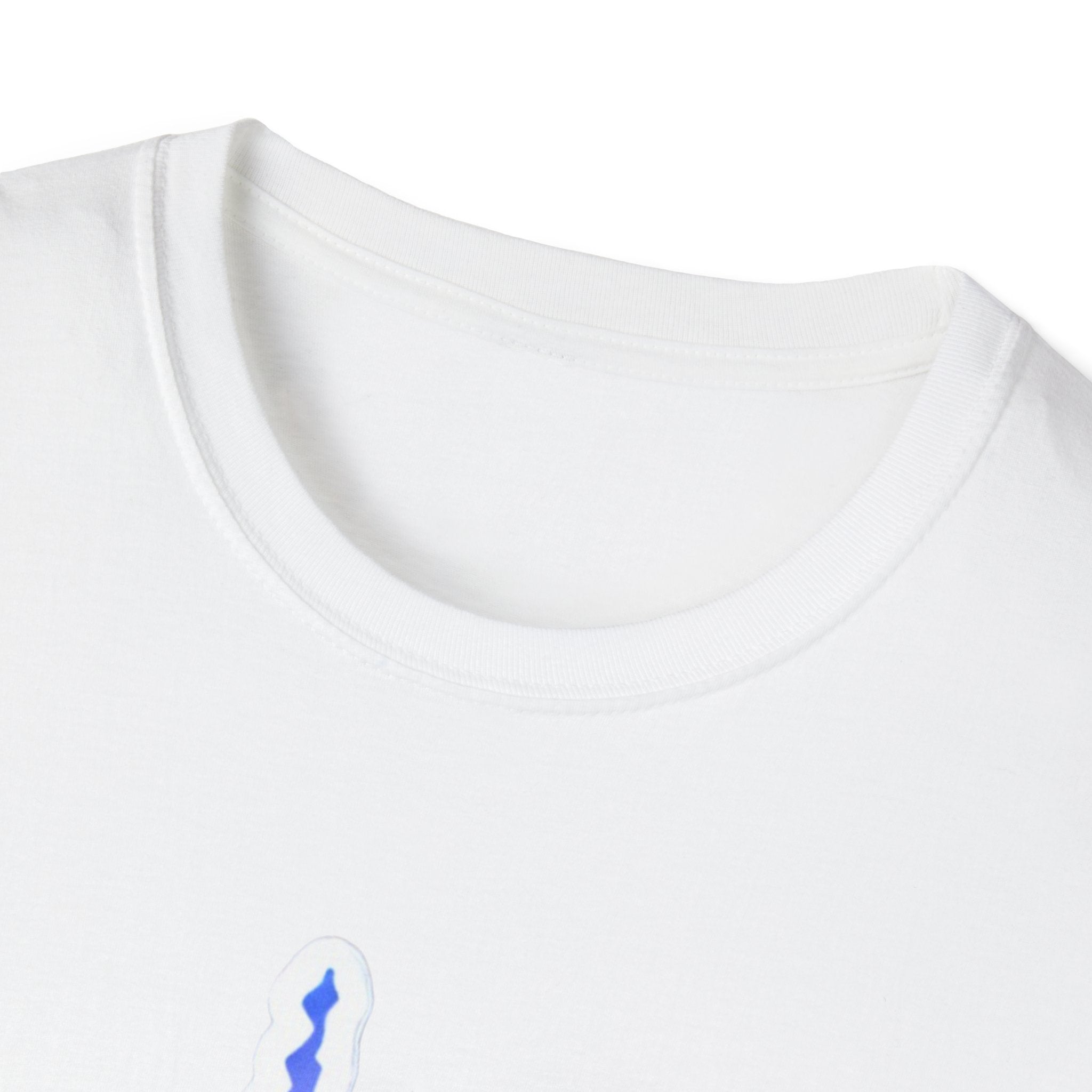 White T-shirt neckline with small blue West Virginia state silhouette print