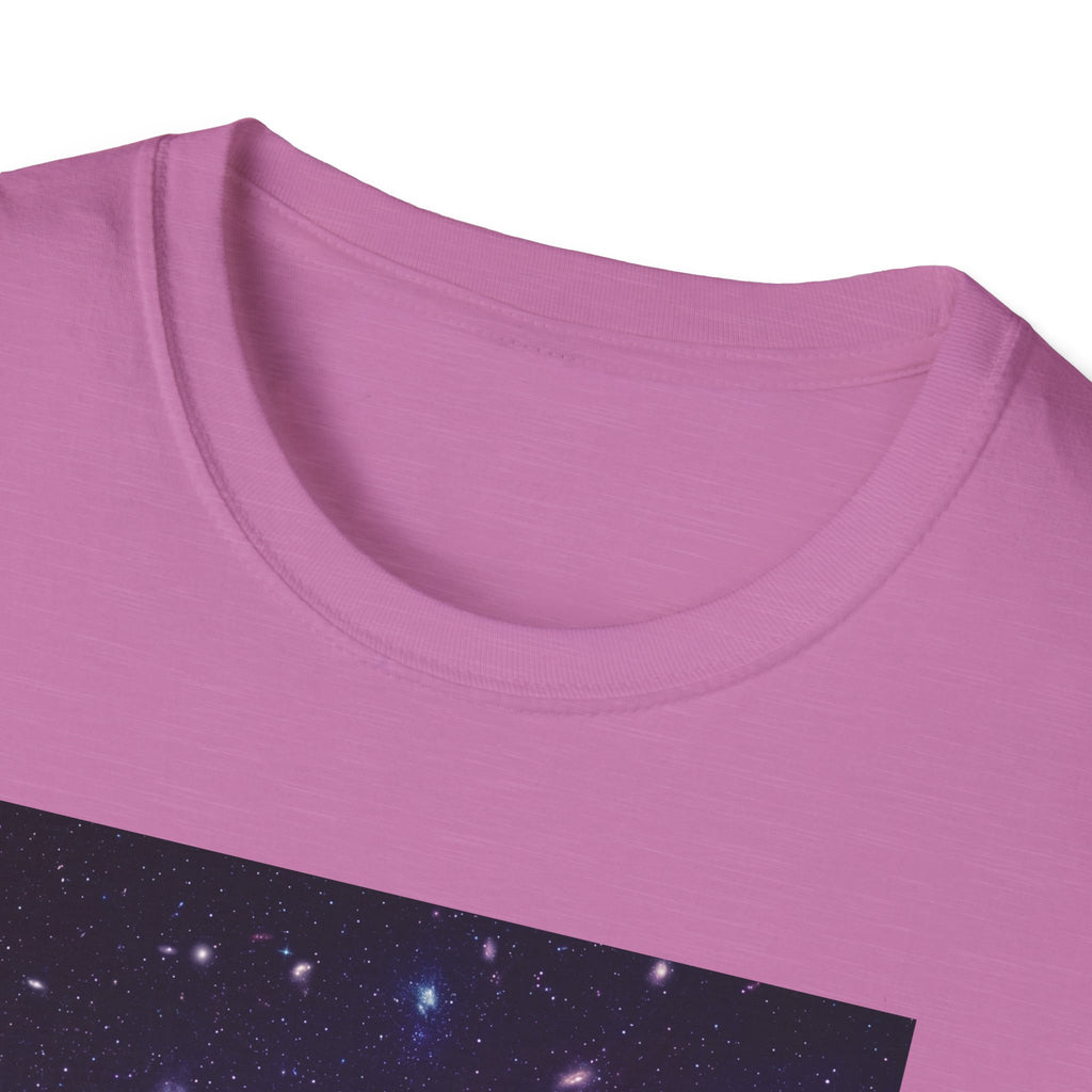 Cosmic skull galaxy T-shirt close-up: pink crew neck and space-print band