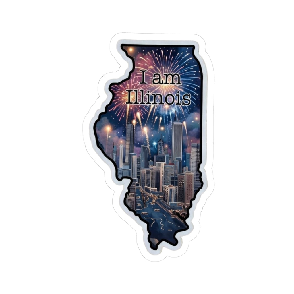 I am Illinois sticker, die-cut map outline with skyline, fireworks and white border