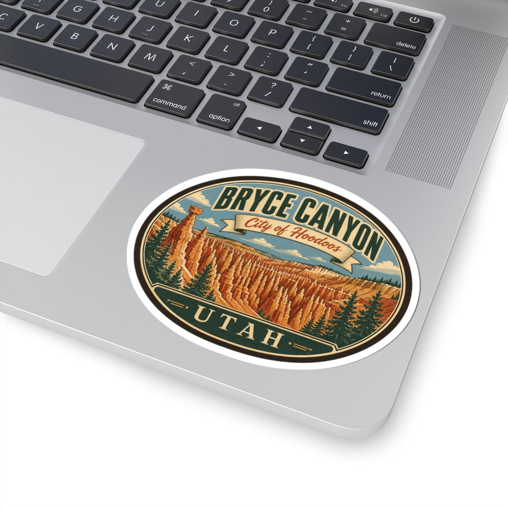 Round sticker with Bryce Canyon hoodoo landscape, 'City of Hoodoos' banner, 'UTAH' base.