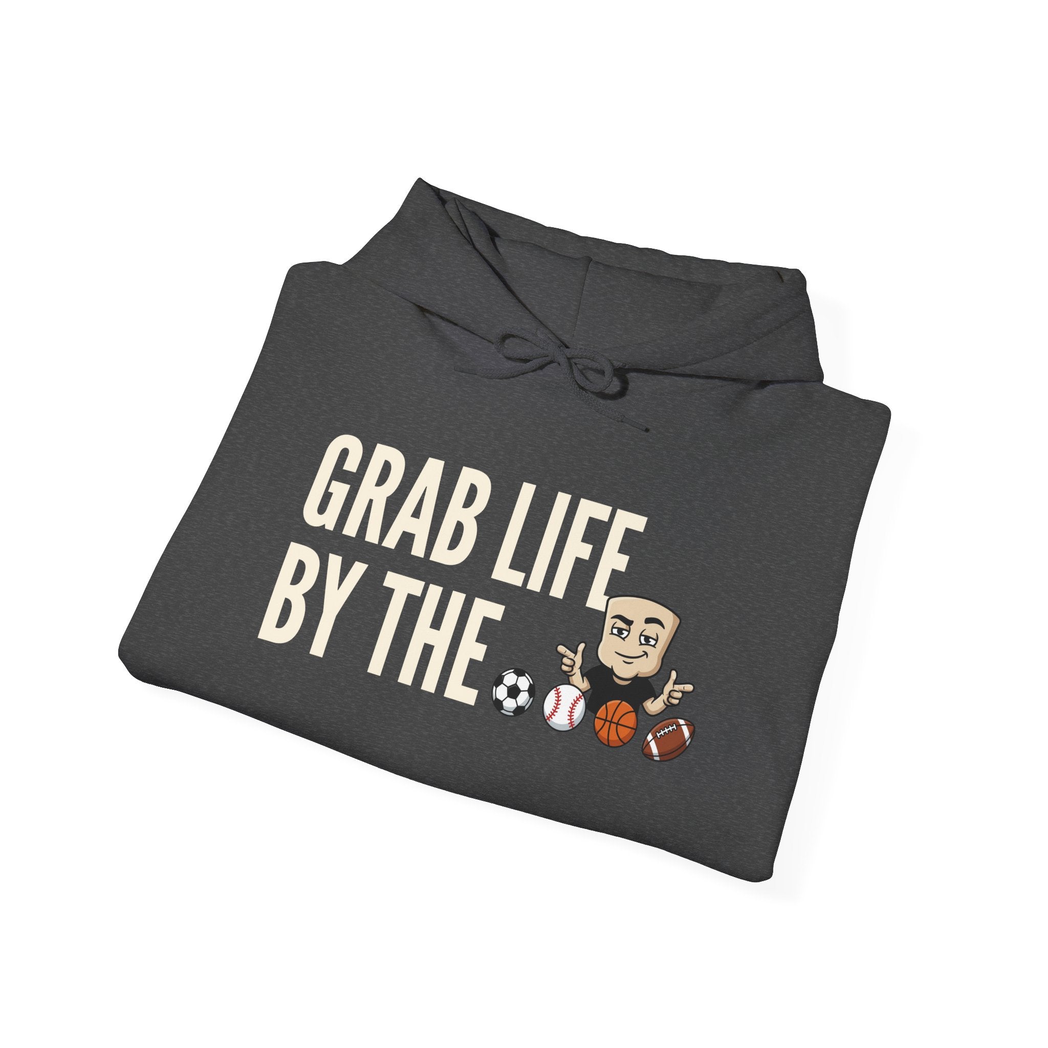 Gray hoodie sweatshirt with 'GRAB LIFE BY THE' sports graphic on front.