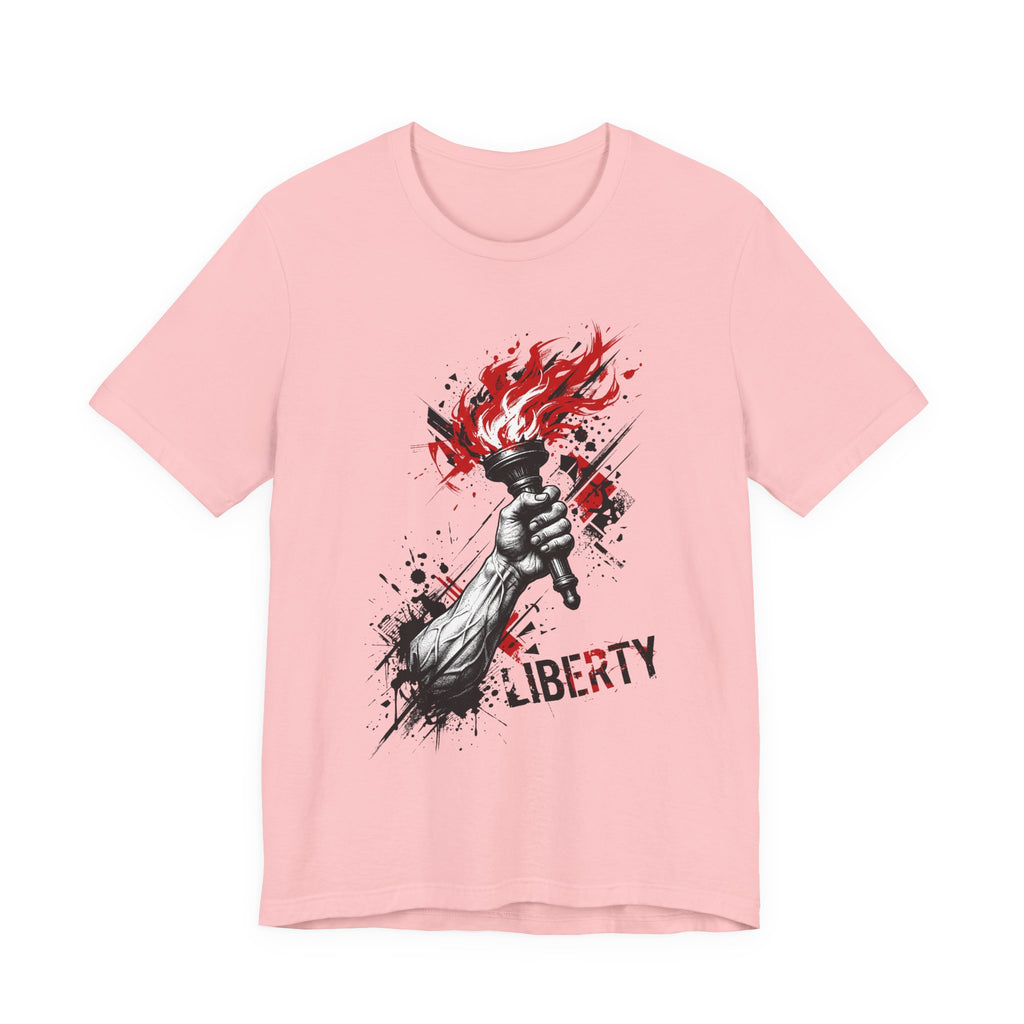 Light pink Liberty torch graphic t-shirt with red flames and black splatter, front print