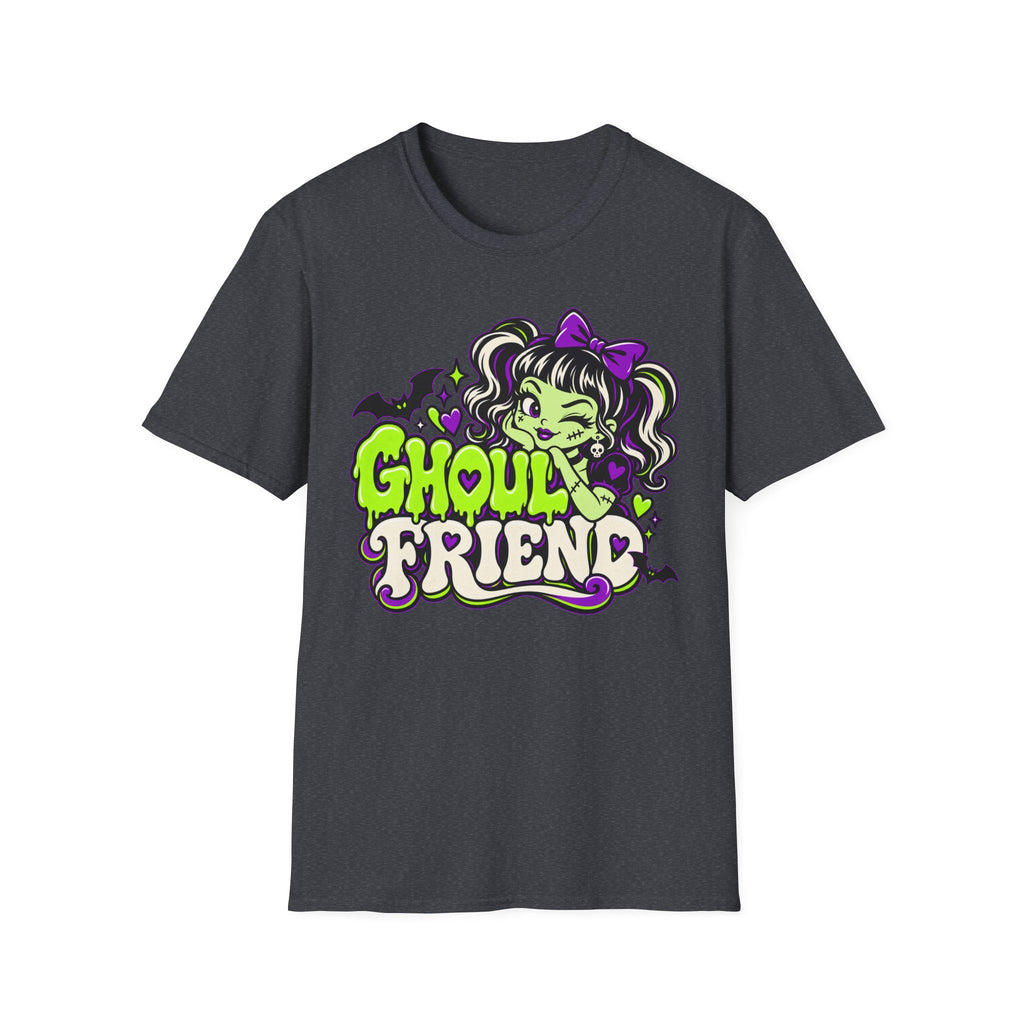 Charcoal Halloween graphic t-shirt with cute monster girl “Ghoul Friend” logo