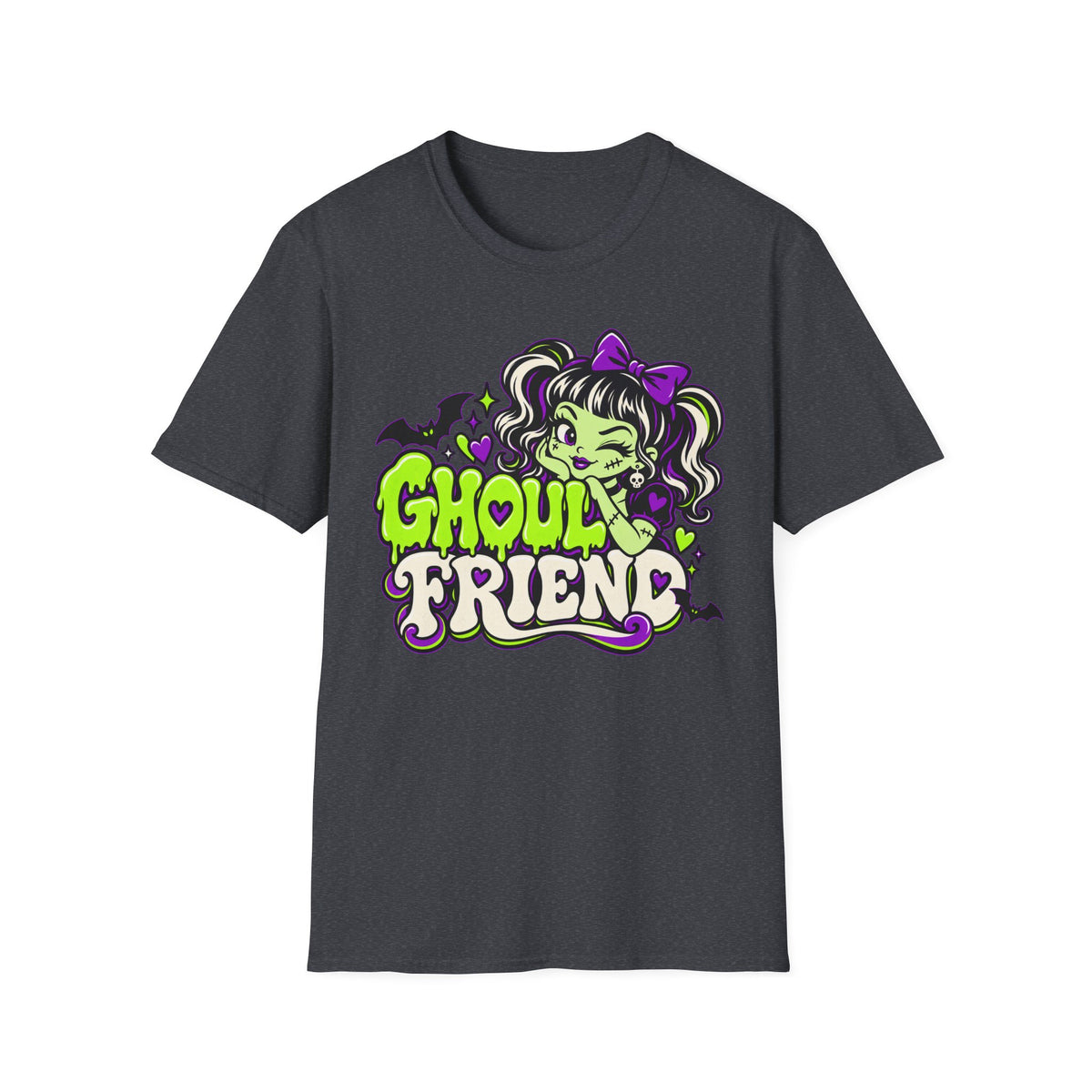 Charcoal Halloween graphic t-shirt with cute monster girl “Ghoul Friend” logo