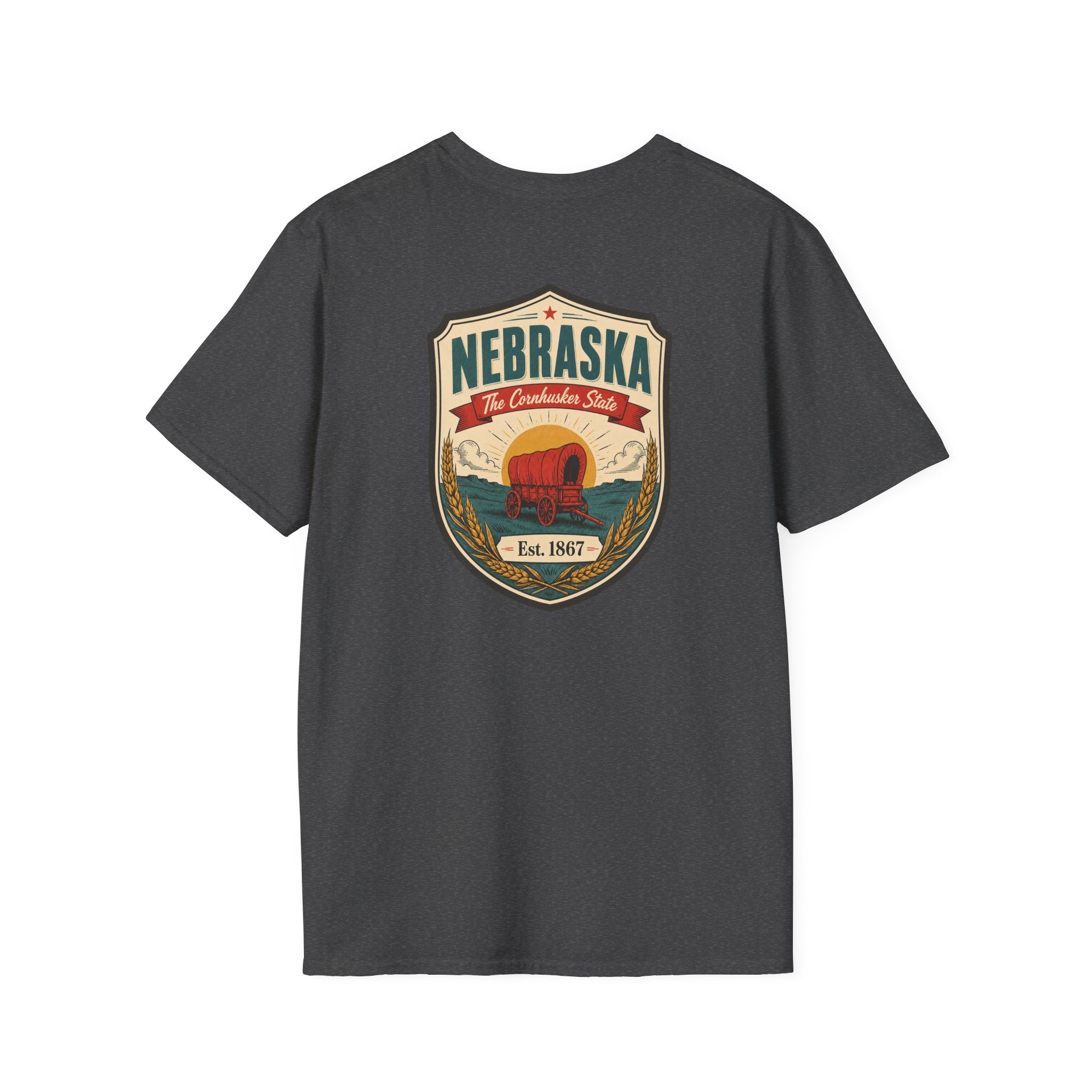 Dark charcoal T-shirt with Nebraska shield graphic on front.