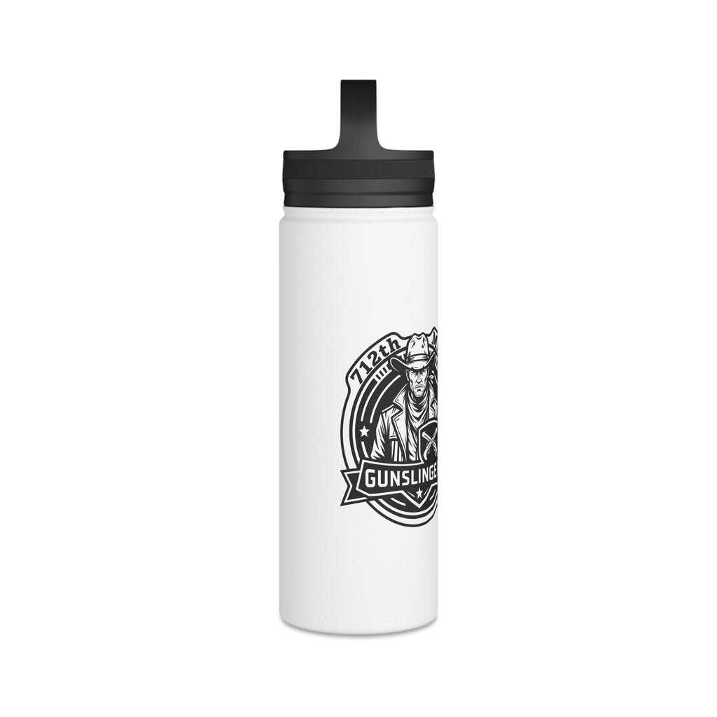 White stainless steel water bottle with black lid and Gunslingers emblem graphic