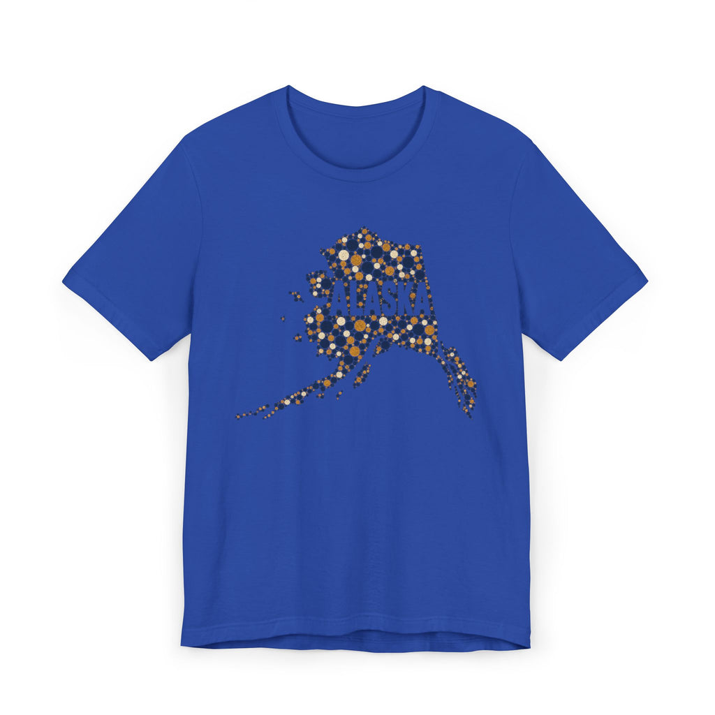 True royal blue Alaska state outline graphic T-shirt with dotted map and “Alaska” text