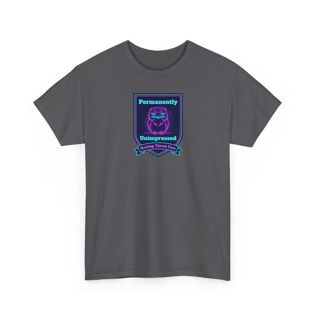 Charcoal gray crewneck badge tee with neon robot badge graphic on chest