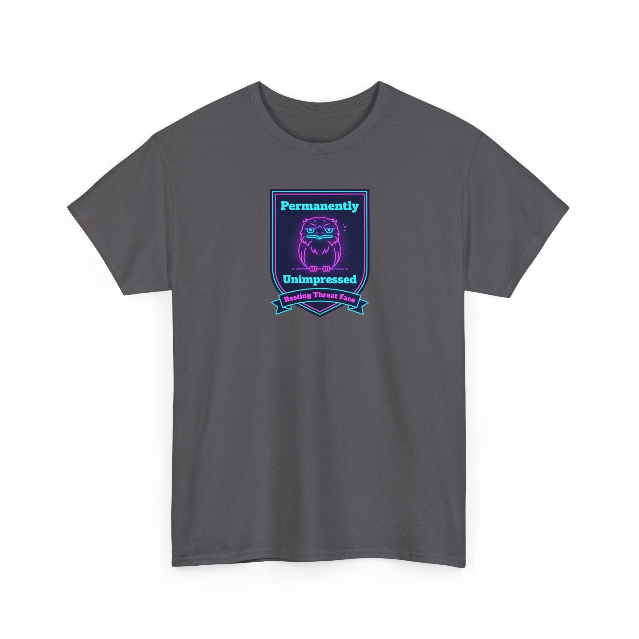 Charcoal gray crewneck badge tee with neon robot badge graphic on chest