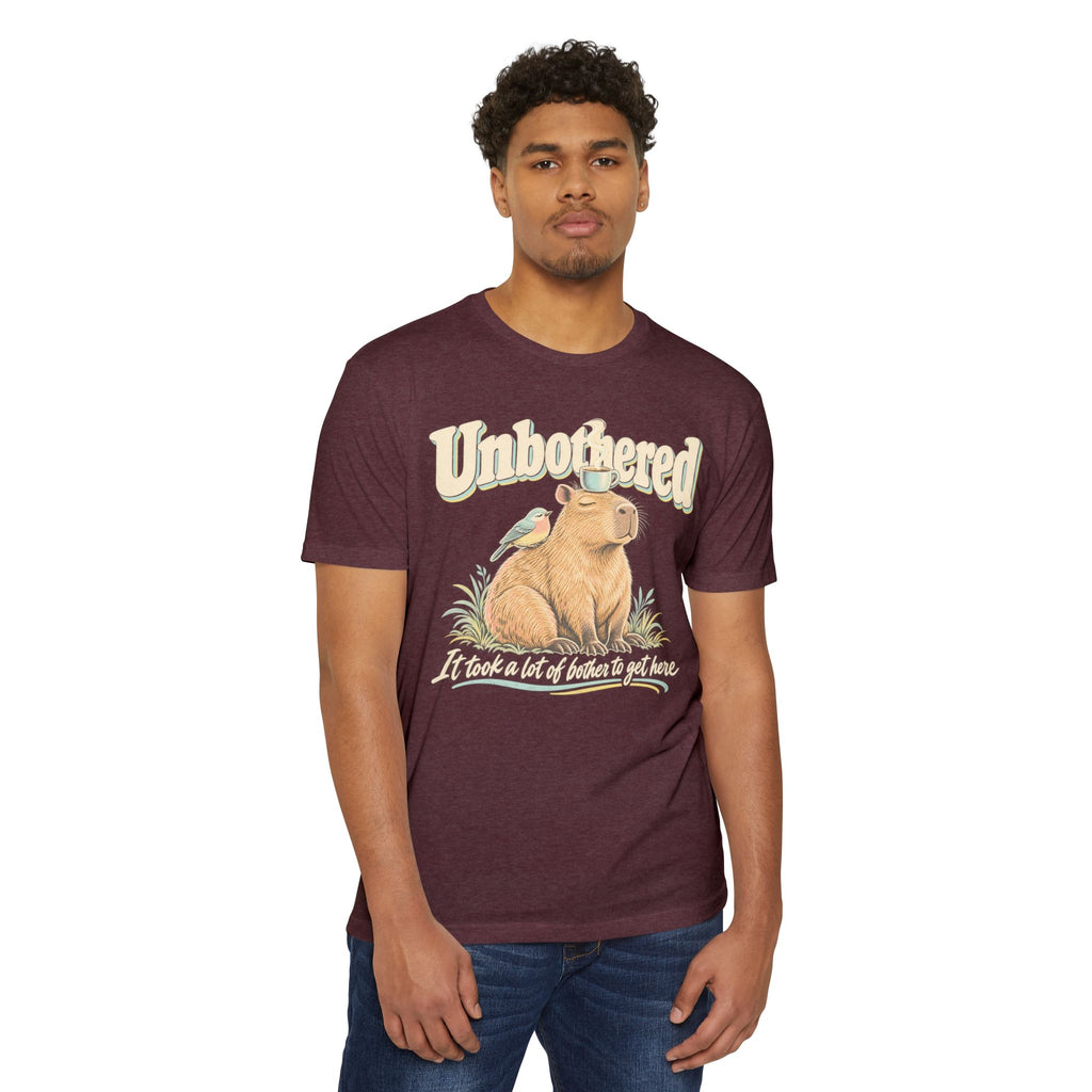 Dark berry crewneck graphic t-shirt with capybara and coffee-themed text