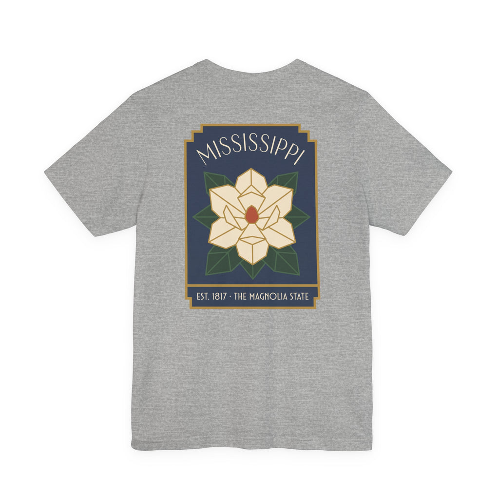 Heather gray T-shirt with large back magnolia state graphic print