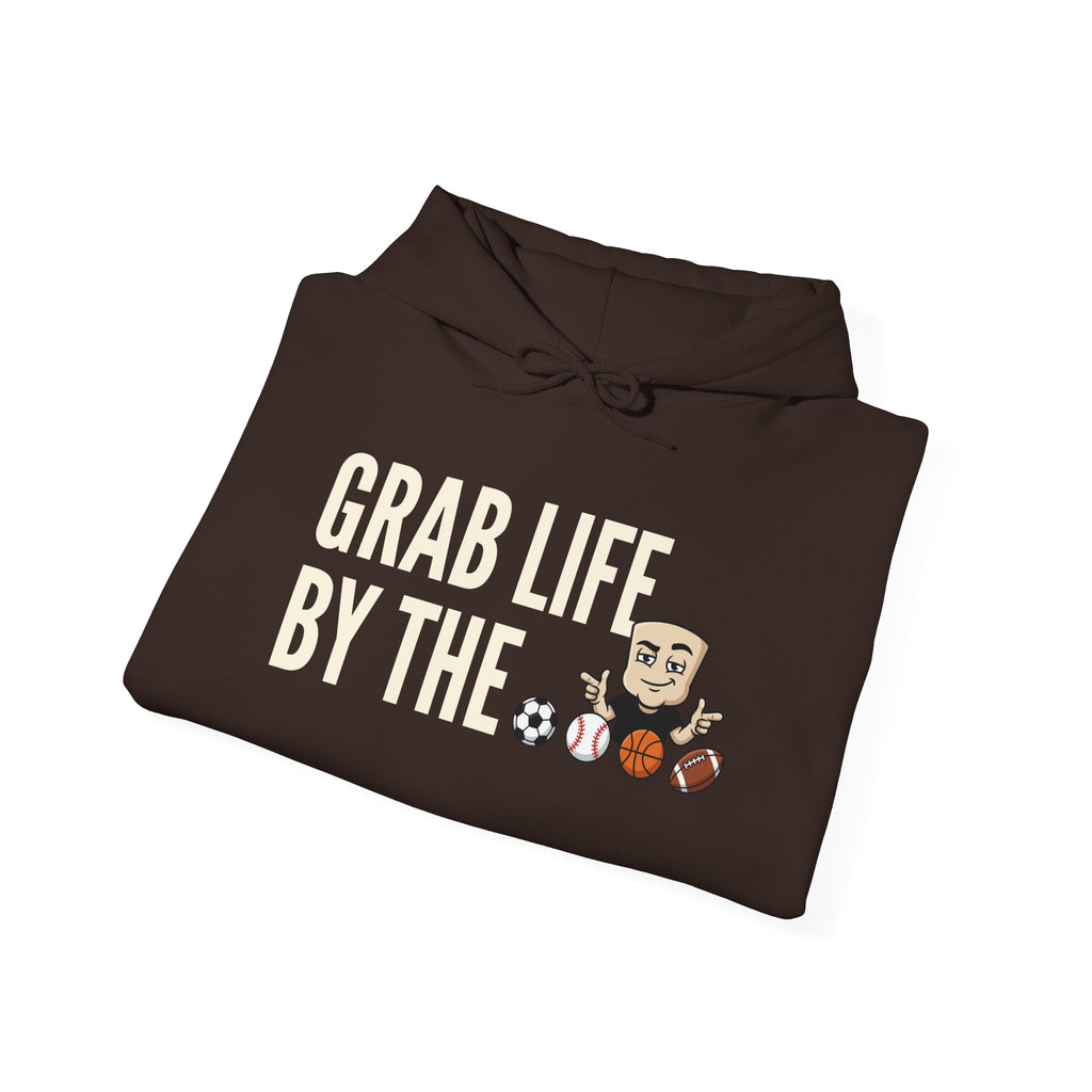 Brown hoodie sweatshirt with 'GRAB LIFE BY THE' sports graphic on front.