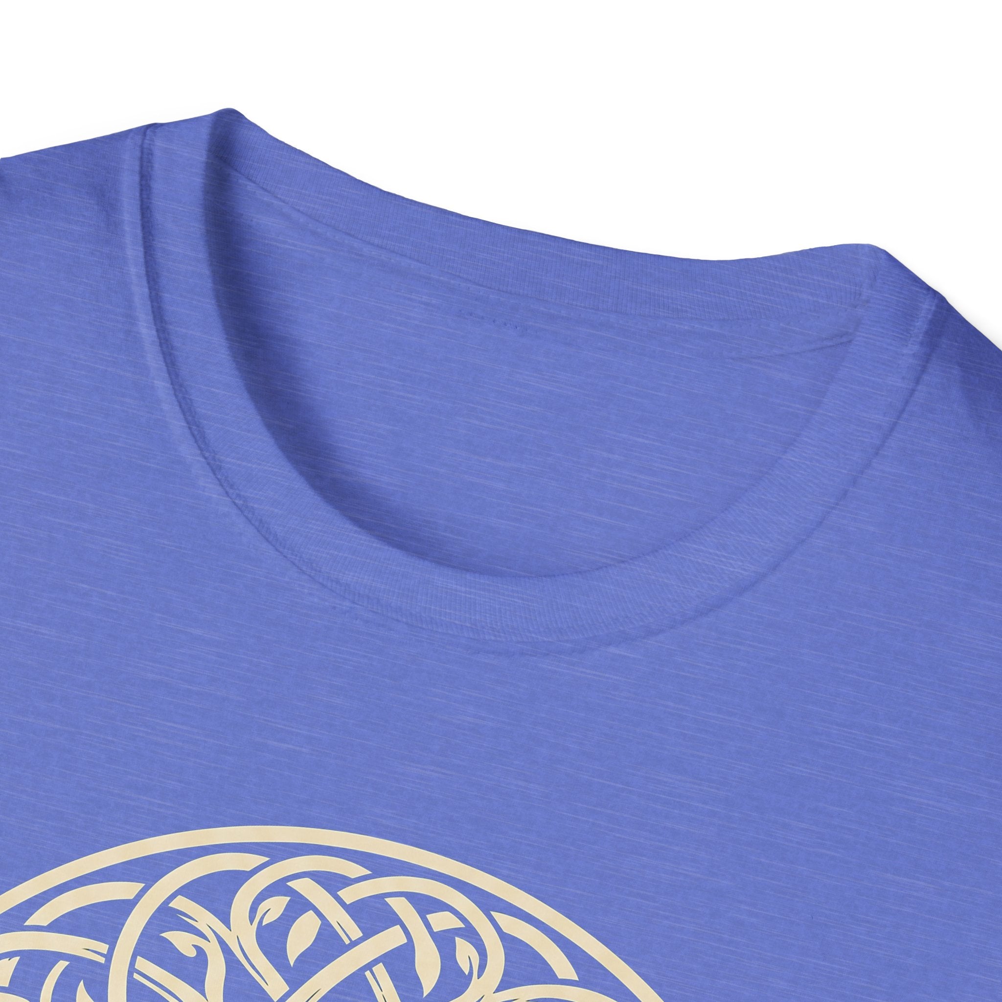 Purple crew-neck T-shirt close-up of neckline and partial graphic