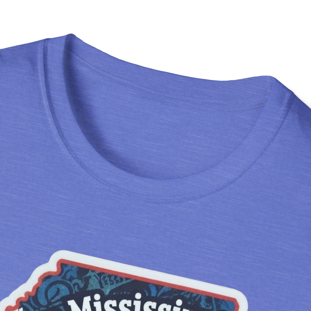 I am Mississippi T-shirt in light purple-blue, close-up collar and unprinted fabric