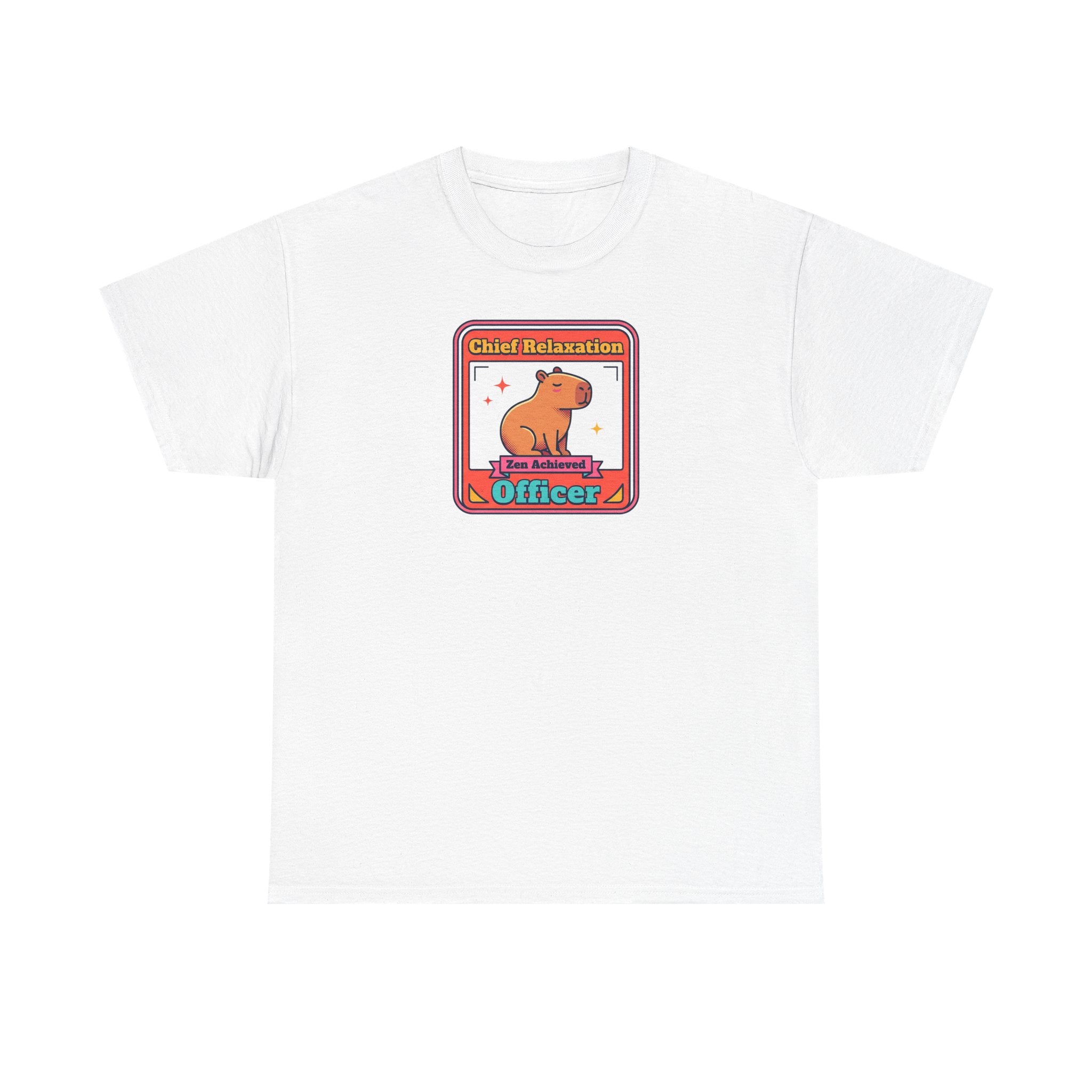 White graphic T-shirt with capybara zen badge logo at center
