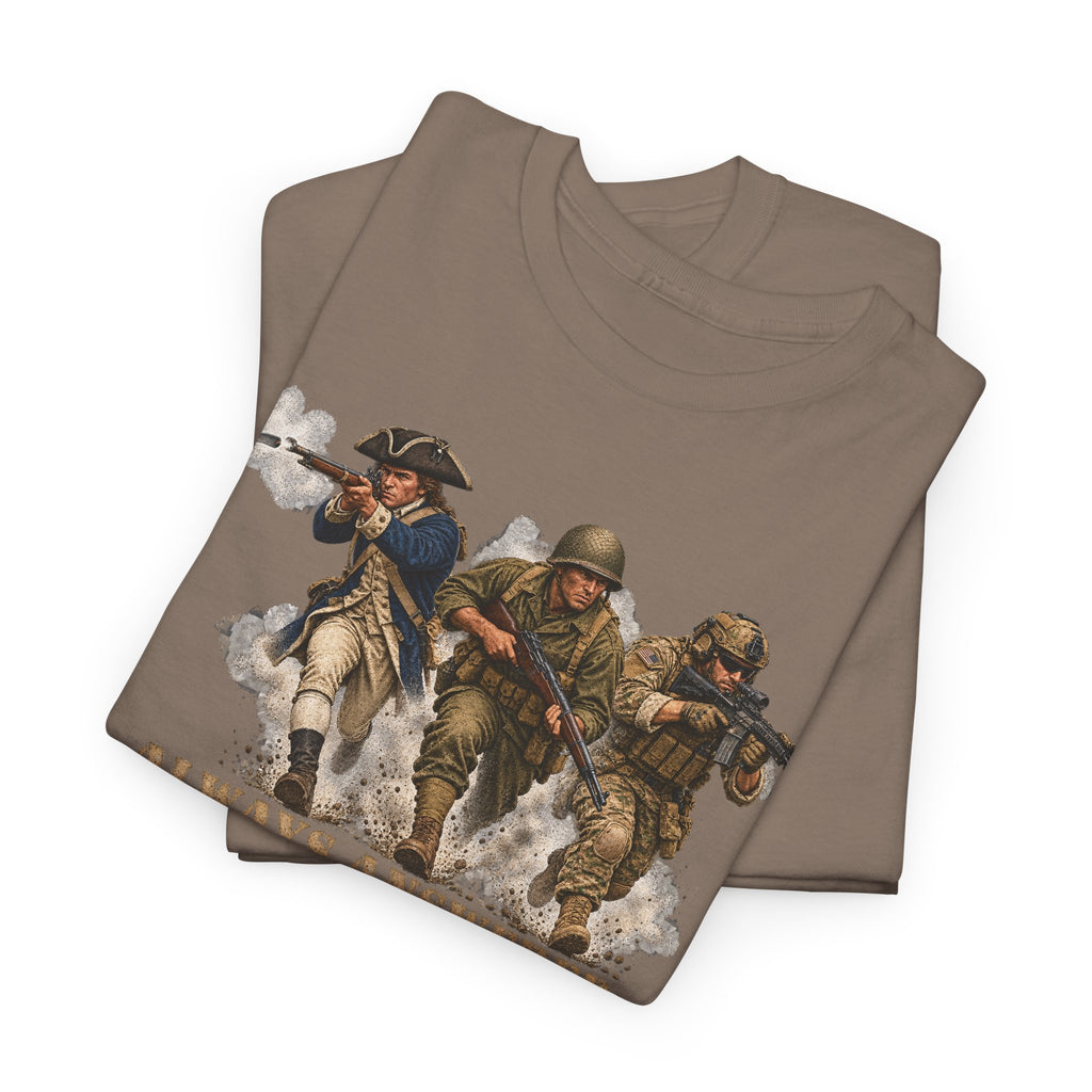 Brown crew-neck t-shirt with patriotic soldiers graphic on front