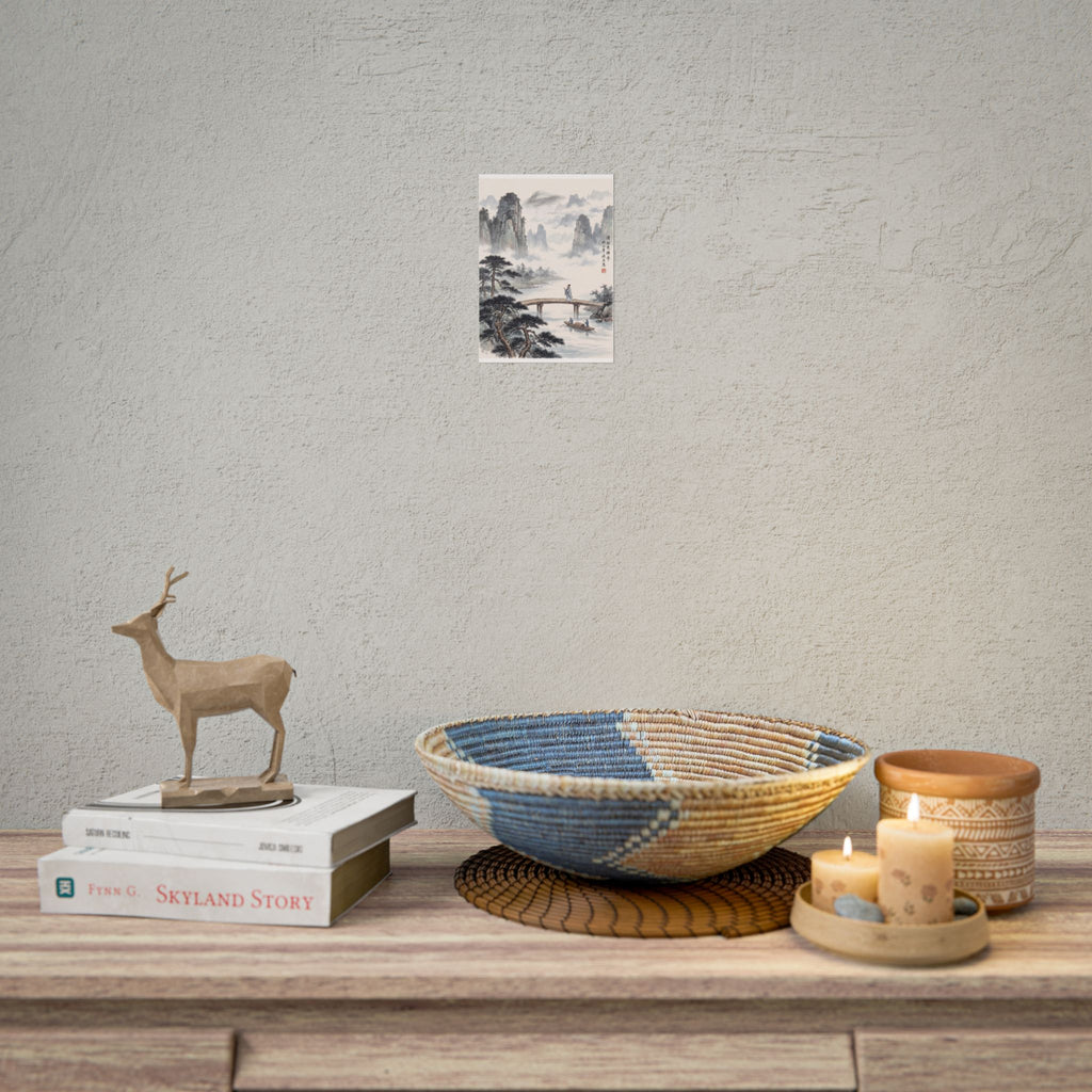 Traditional Chinese landscape rolled poster showing misty mountains, river bridge, and boats
