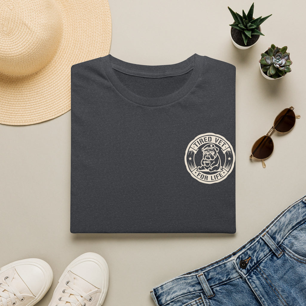 Charcoal gray t-shirt with small chest circular graphic logo print on crew neck