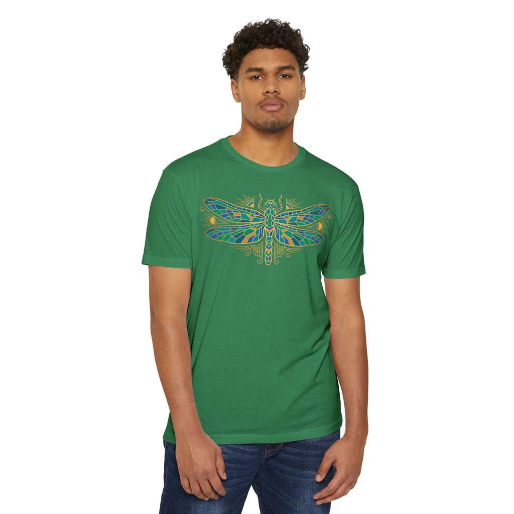 Green dragonfly mosaic graphic T-shirt, short-sleeve crewneck
