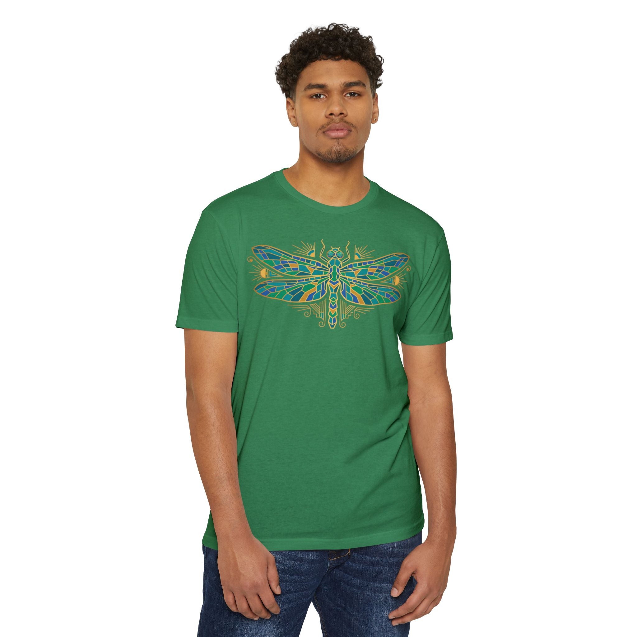 Green dragonfly mosaic graphic T-shirt, short-sleeve crewneck