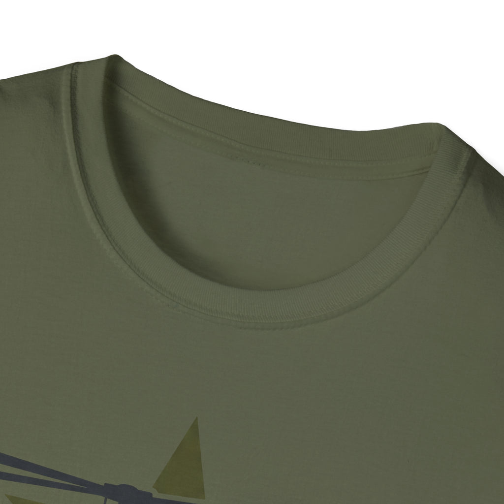 Olive green crewneck t-shirt with partial helicopter graphic on the chest