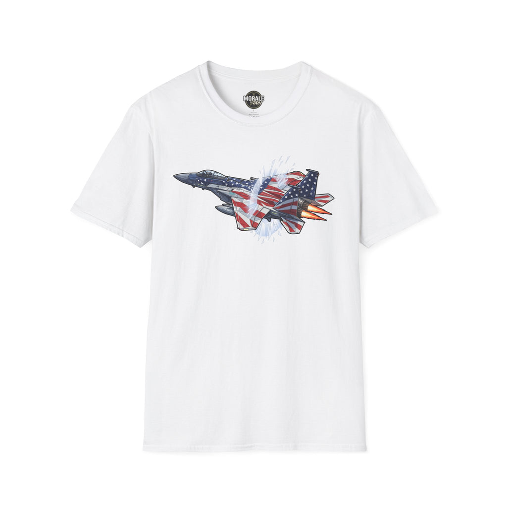 White T-shirt with American flag fighter jet graphic