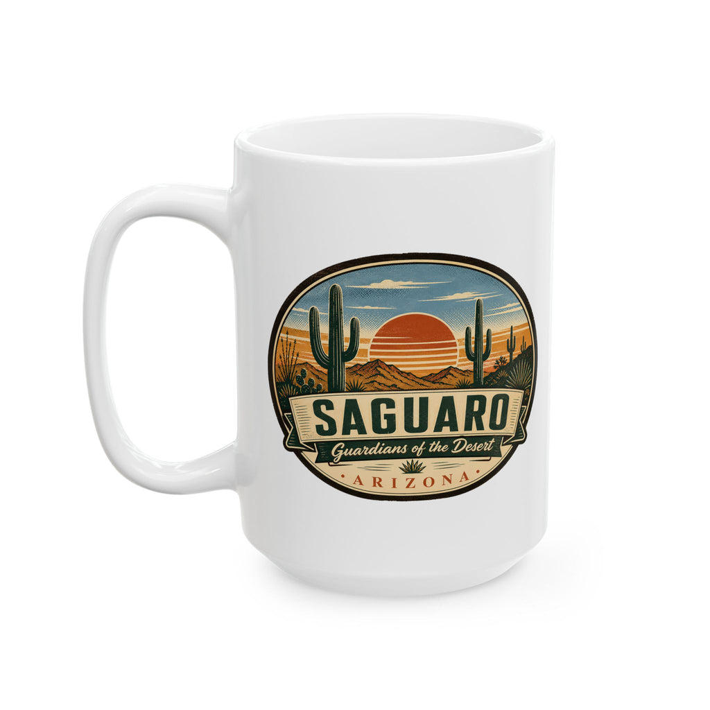White ceramic coffee mug with SAGUARO desert badge and side handle
