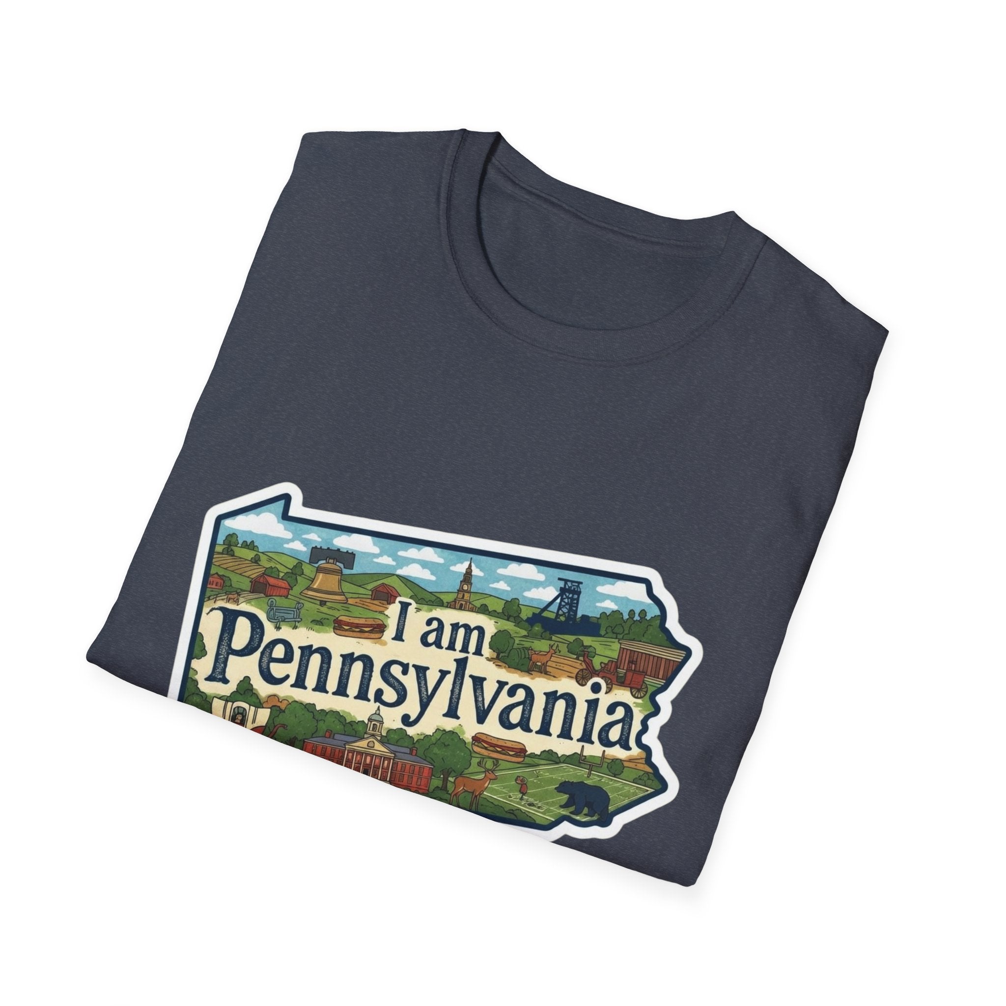 Pennsylvania scenic landmarks T-shirt with state outline graphic