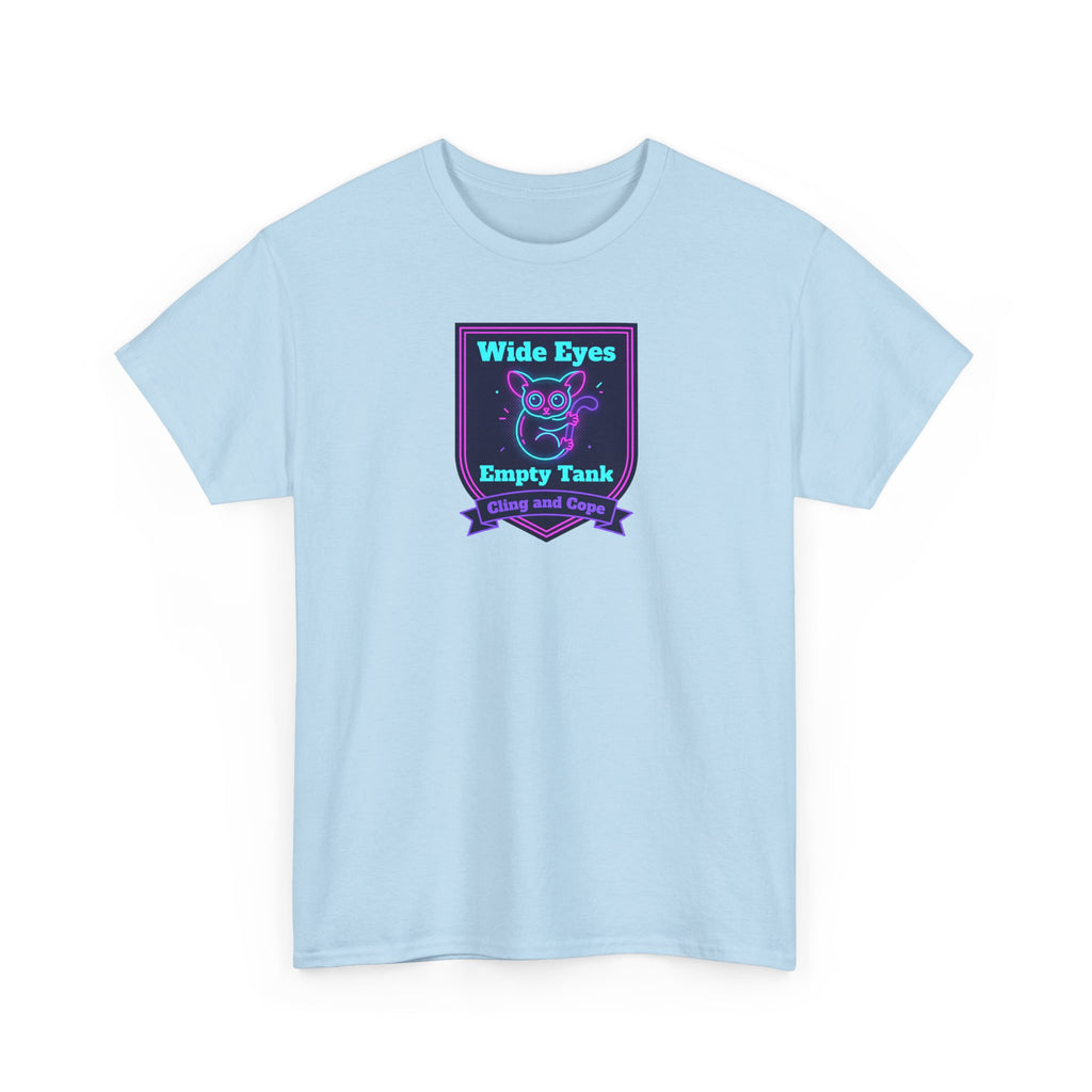 Light blue crewneck T-shirt with neon purple graphic badge on the chest.
