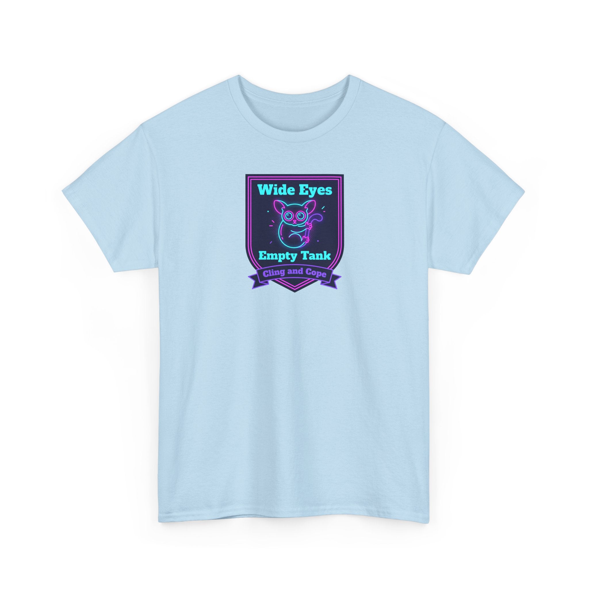 Light blue crewneck T-shirt with neon purple graphic badge on the chest.