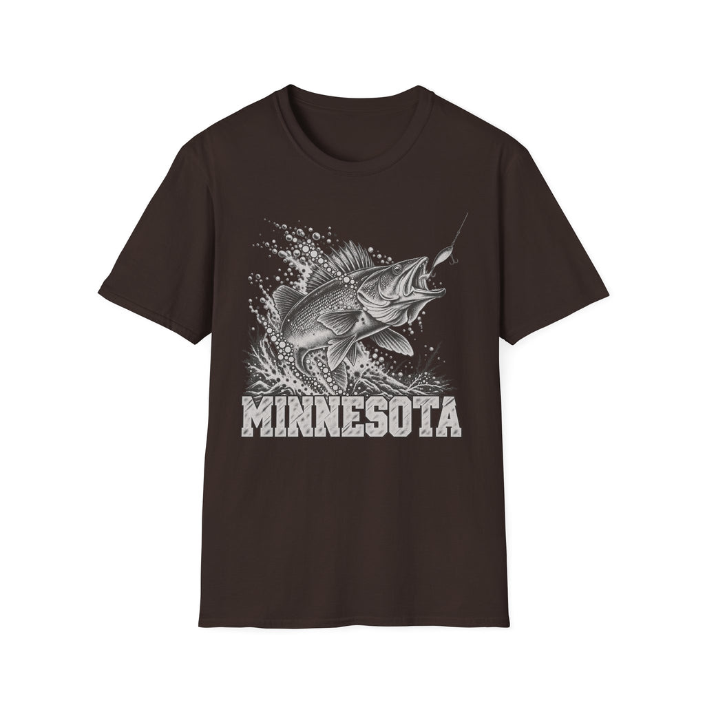 Dark brown t-shirt with leaping walleye graphic and MINNESOTA text