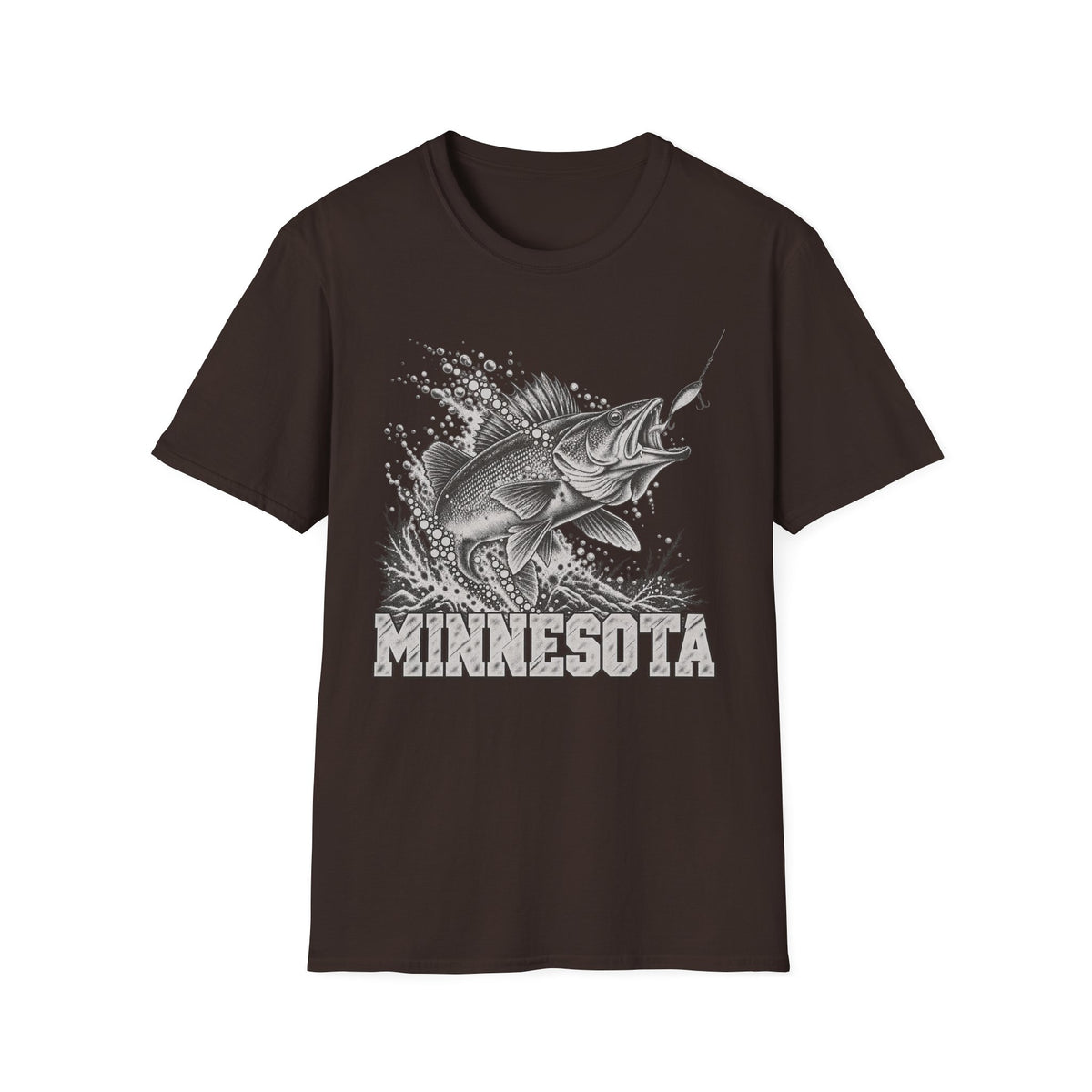 Dark brown t-shirt with leaping walleye graphic and MINNESOTA text