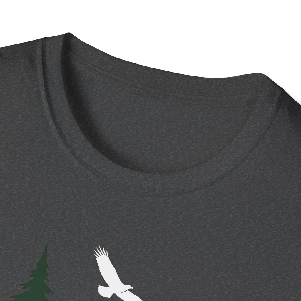 Crew-neck charcoal T-shirt close-up; partial pine and bird graphic visible