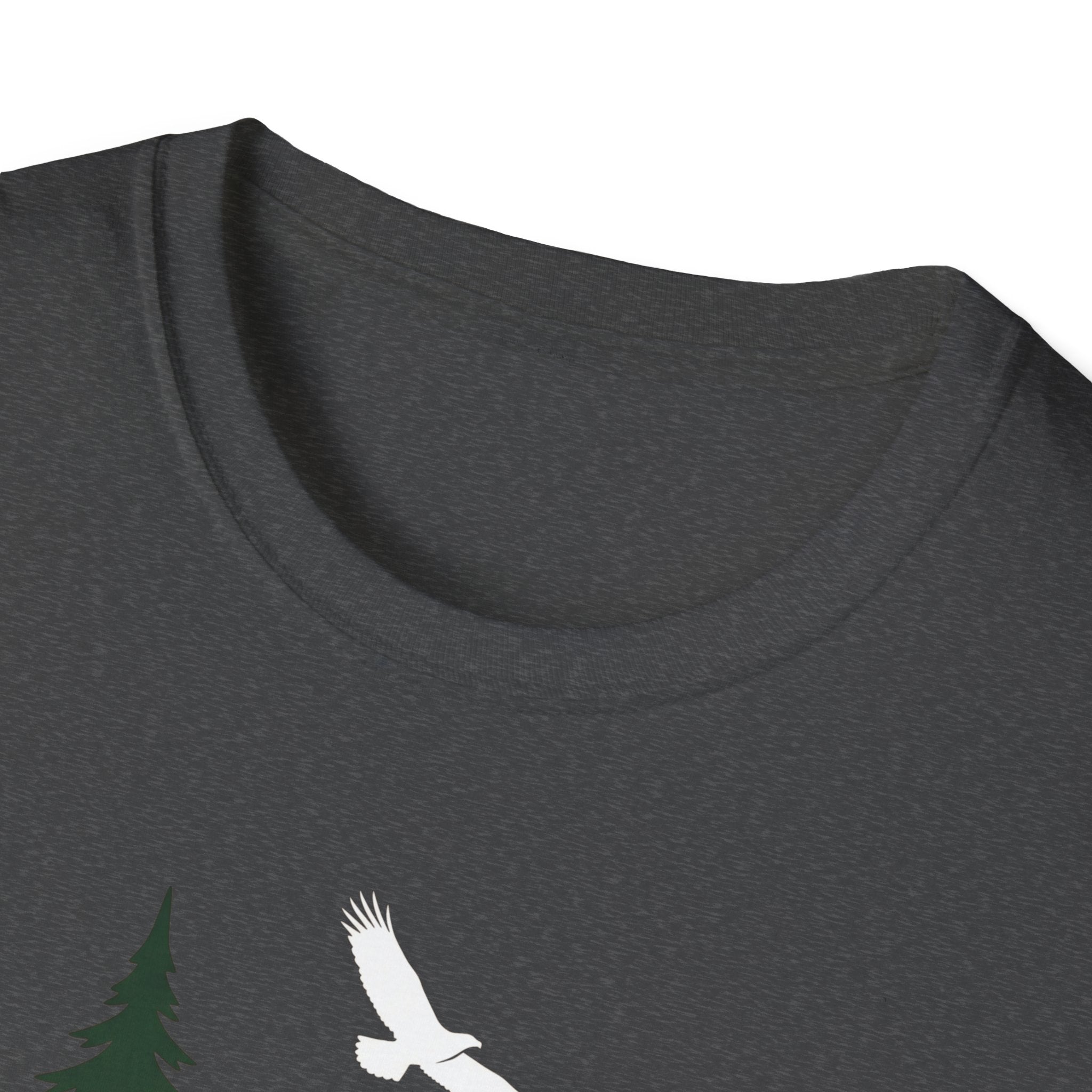 Crew-neck charcoal T-shirt close-up; partial pine and bird graphic visible