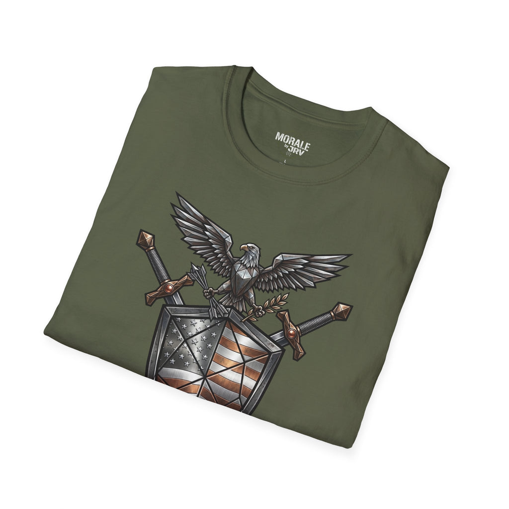 Military green crew-neck T-shirt with eagle, swords, and American flag shield graphic
