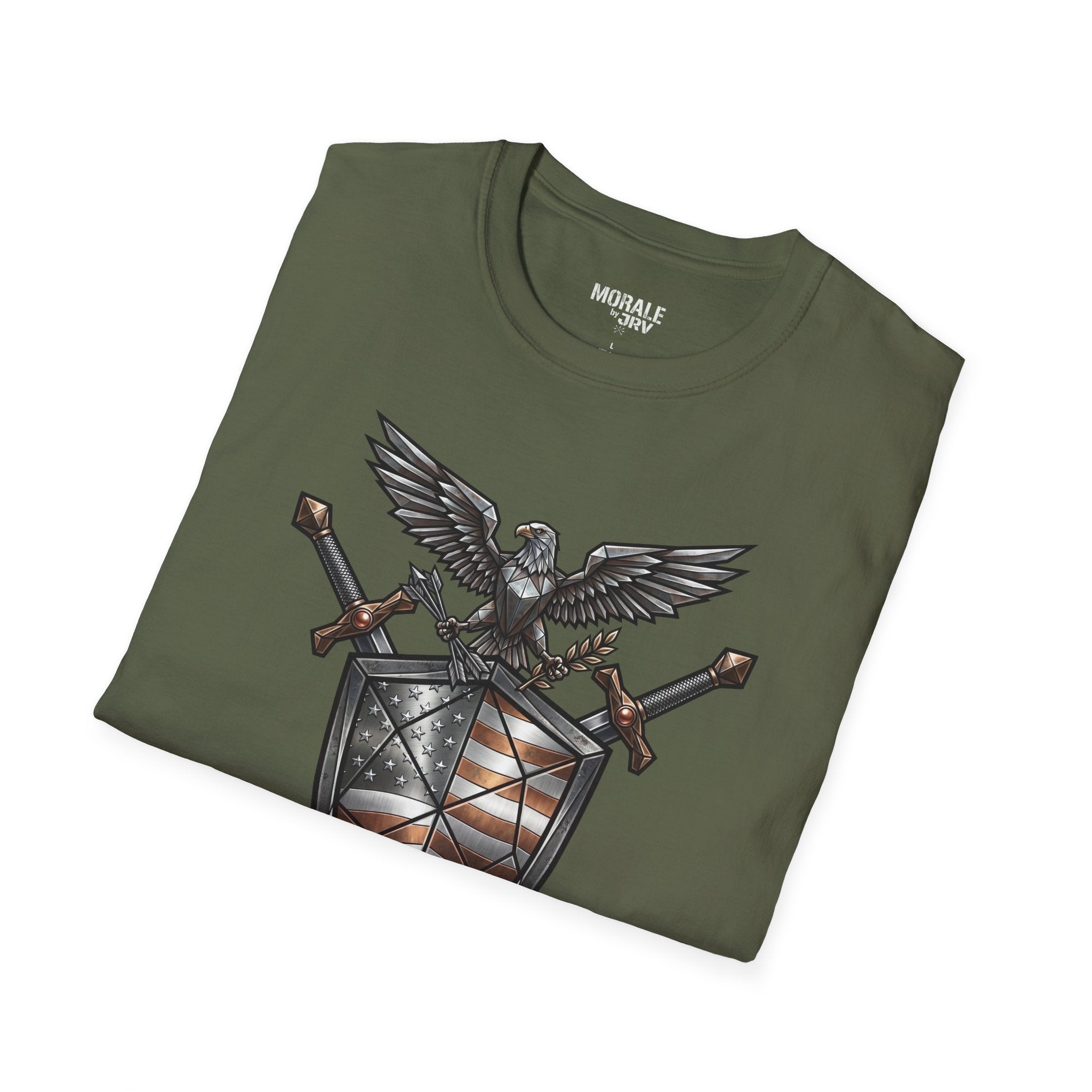 Military green crew-neck T-shirt with eagle, swords, and American flag shield graphic
