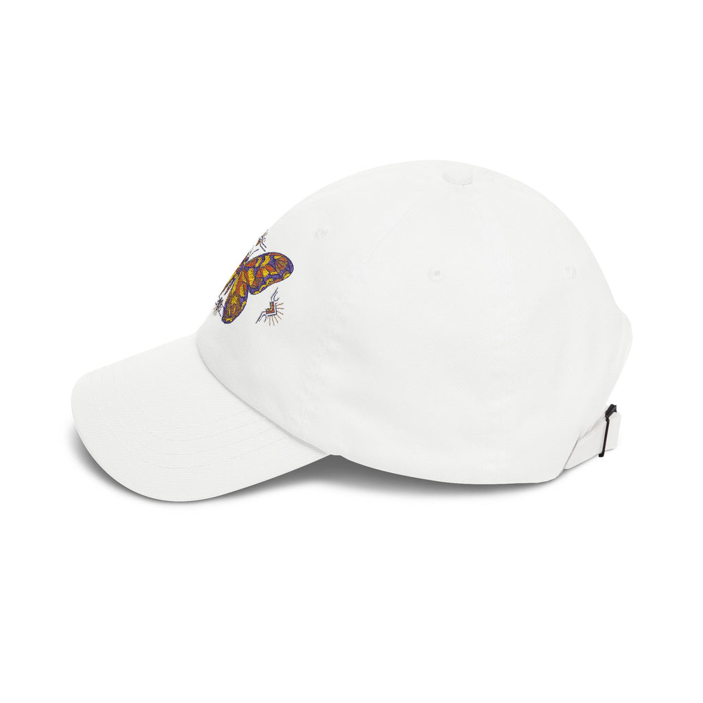 Embroidered dad cap in white with colorful moth patch on the front