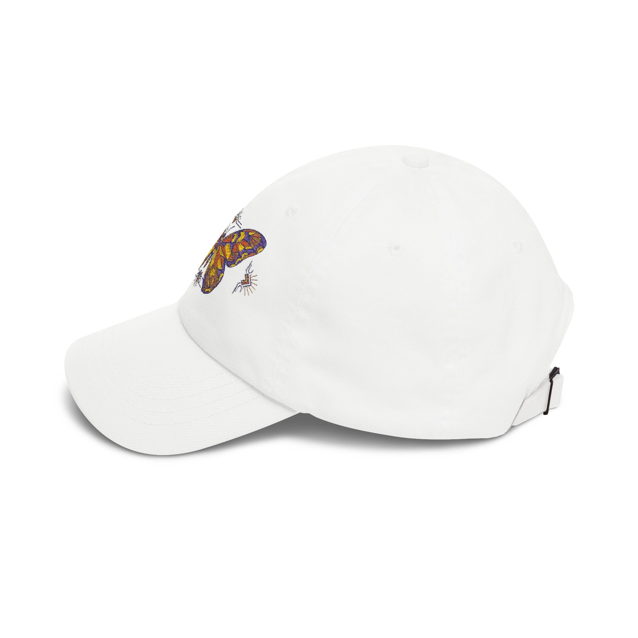 Embroidered dad cap in white with colorful moth patch on the front