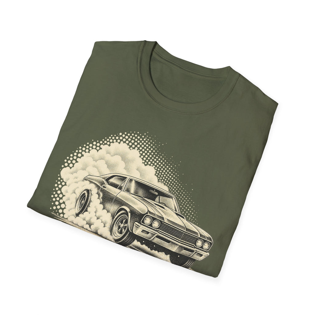 Military green crew-neck T-shirt with vintage muscle car graphic and cloud halftone