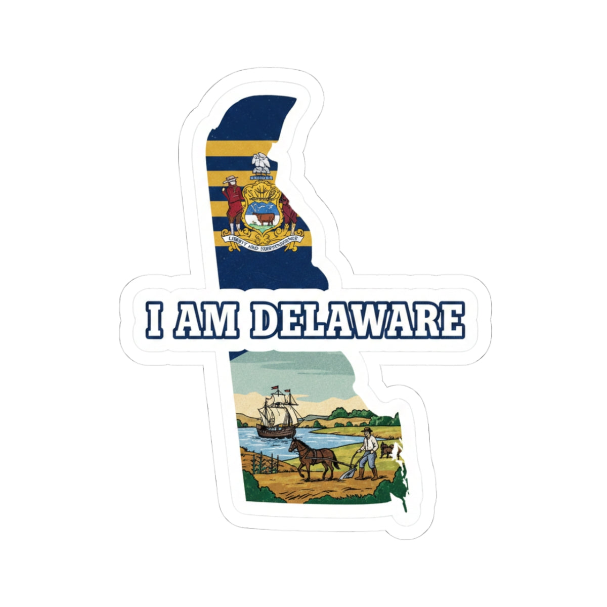I Am Delaware sticker: Delaware state silhouette with “I AM DELAWARE” text and scene