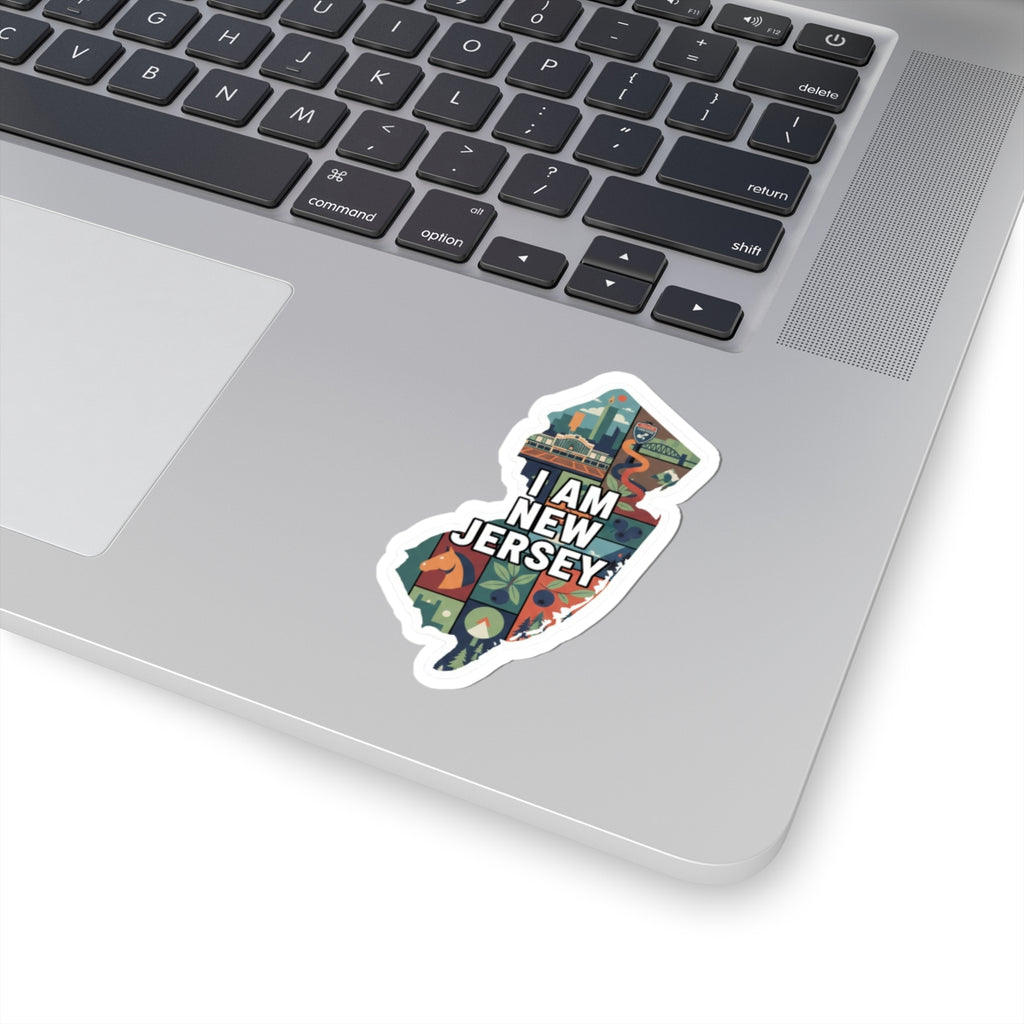 Sticker de New Jersey con borde blanco, texto “I AM NEW JERSEY” y mapa ilustrado