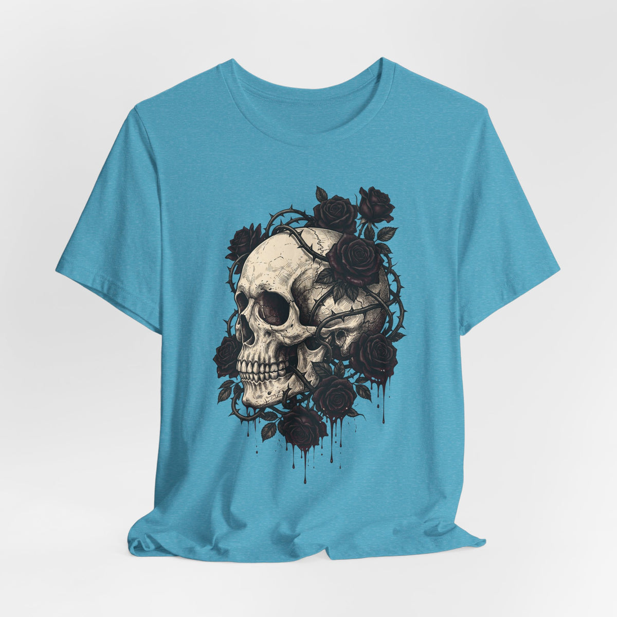 Teal T-shirt with skull and dark rose floral front graphic