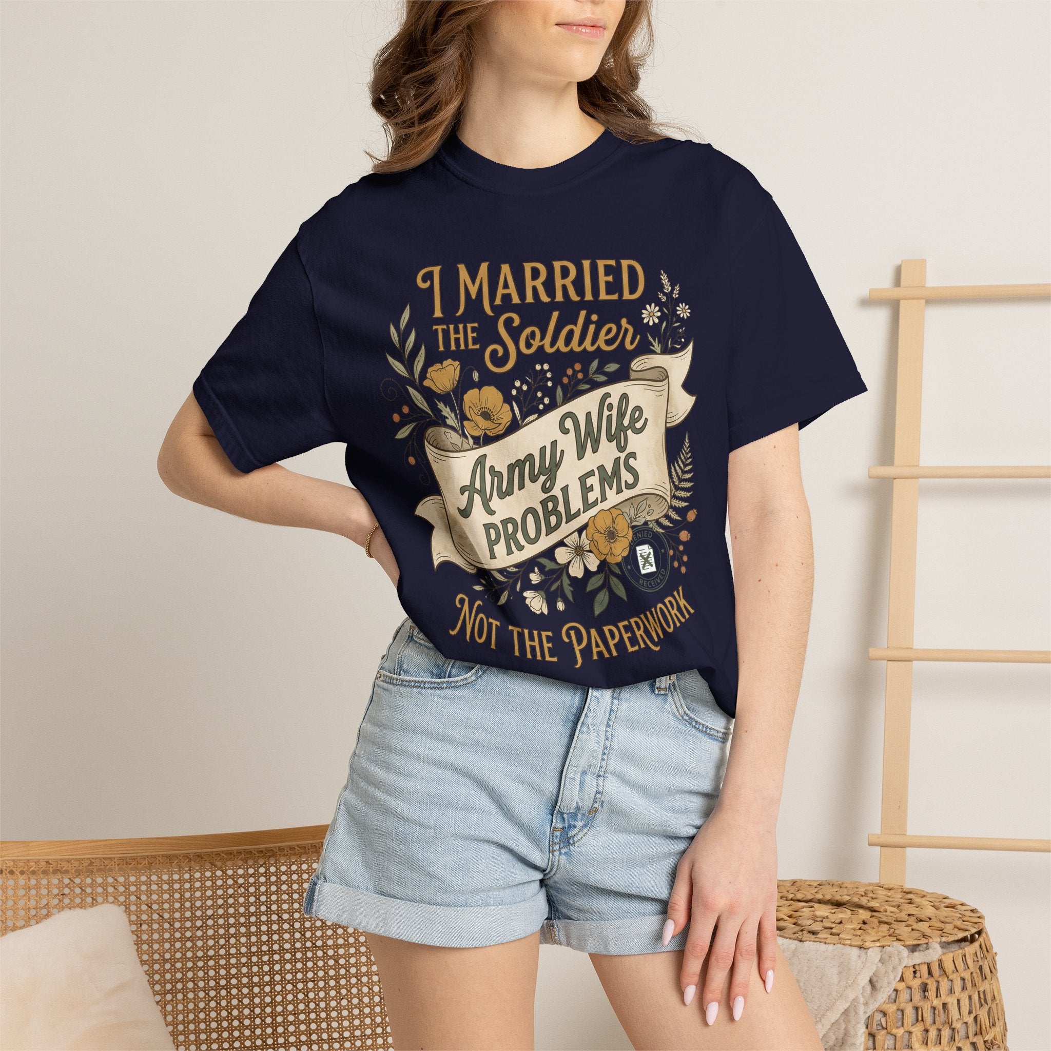 Navy crew-neck T-shirt with “Army Wife Problems” front graphic