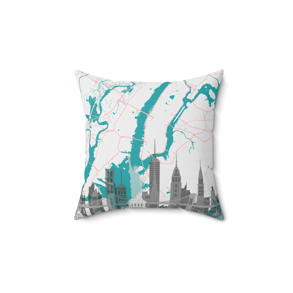New York City map throw pillow with teal river and Manhattan skyline buildings