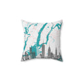 New York City map throw pillow with teal river and Manhattan skyline buildings