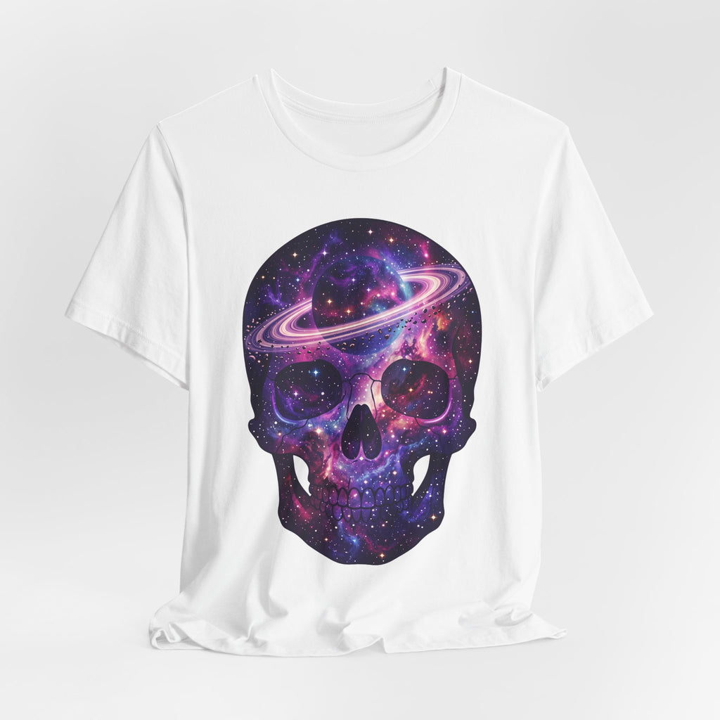 Galaxy Skull T-shirt with full purple galaxy skull graphic on white