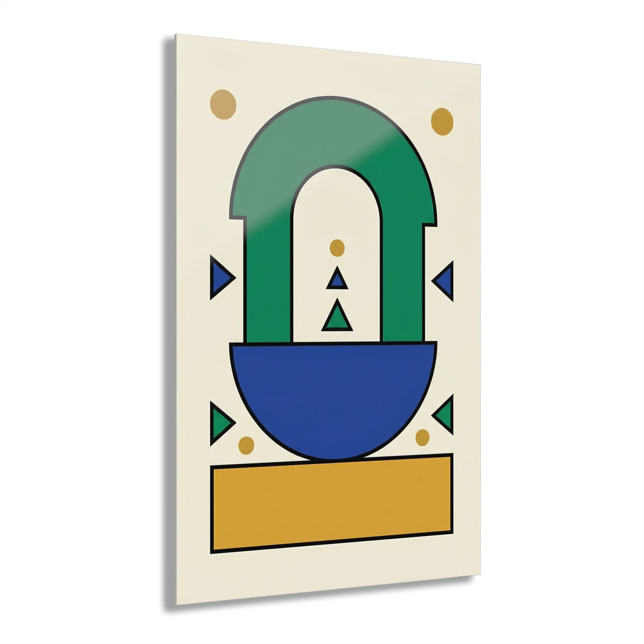 Geometric arch wall art print with green, blue and gold shapes on cream background