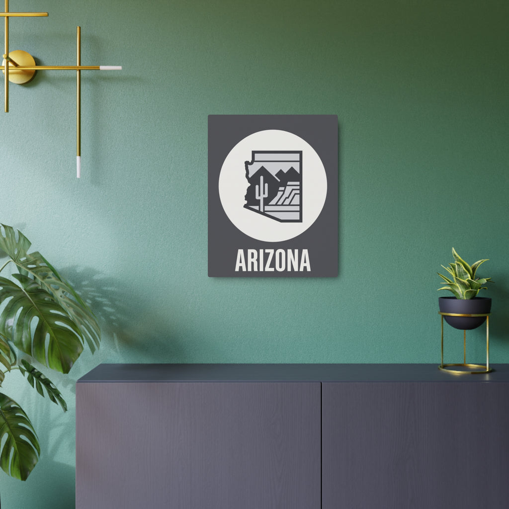 Square dark-gray metal wall art plaque featuring Arizona cactus state silhouette and 'ARIZONA'